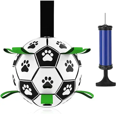 Pelota Juguete Perro, Fútbol Interactivo Para Perros Con Lengüetas De Agarre, 15 cm Balón de Fútbol para Pequeños y Medianos Perros Con Bomba y Aguja Para Entrenamiento y Ejercicio en Exteriores  