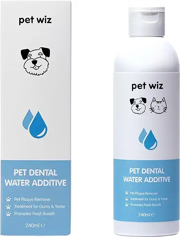 Pet wiz Aditivo Dental para agua para Perros y Gatos – Removedor de Placa, Tratamiento para Encías y Sarro, Promueve el Aliento Fresco (240 ml)  