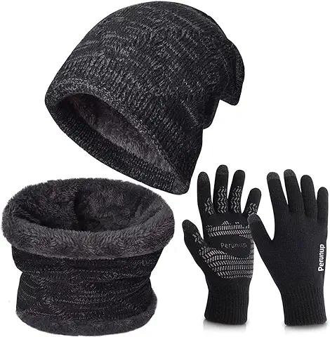 Petrunup Invierno Beanie Gorro de Punto Sombrero y Cuello Bufanda Gruesa y Suave Forrado Conjunto de 2/3 Piezas para Hombres Mujeres  