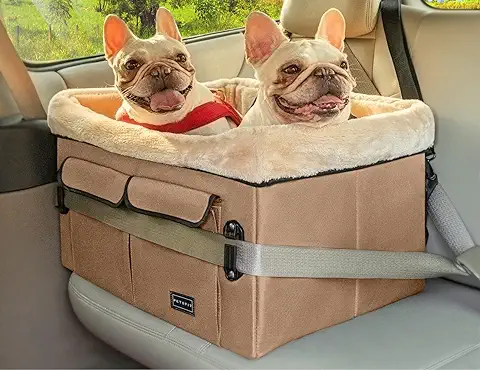 Petsfit Asiento de Coche para Perros Medianos o 2 Perros Pequeños, Asiento Elevador Mejorado para Asientos Delanteros y Traseros con 2 Correas de Seguridad (mediano, Caqui Oscuro)  