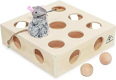 Pfotenolymp® Juguete Interactivo para Gatos con Bolas de Juego y Ratón de Juego – Juguete de Madera para Gatos – Juego de Topos / Juego de Pesca / Juego de caza  