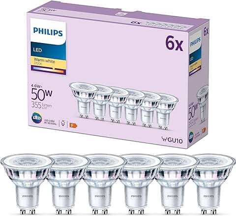 Philips - Bombilla tipo foco 4.6W (Eq. 50W) 355 Lúmenes, Casquillo GU10, Luz Blanca Cálida (2700k) - Pack 6 Bombillas  