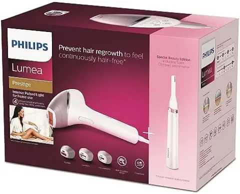 Philips Lumea Depiladora Luz Pulsada IPL Serie 8000 con Tecnología SenseIQ, 4 Accesorios para el Cuerpo, la Cara, la zona del Bikini y las Axilas, Lápiz Recortador Compacto Satén (modelo BRI949/00)  