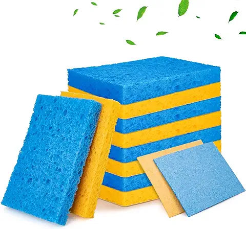 PHOGARY Esponja de Cocina Natural Biodegradable Eco Antiarañazos, Esponja de Algodón de Pulpa de Madera Comprimida, Paquete de 12 (Azul y Amarillo)  