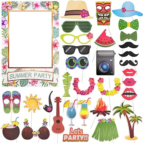 Photo Booth Props Hawaiana,Atrezzo para Fiestas Hawaiano,Photocall Accesorios para Fiestas en la Playa,Marco de Fotos para Decoración para la Piscina de Verano Luau Tropical Fiestas de Boda Cumpleaños  