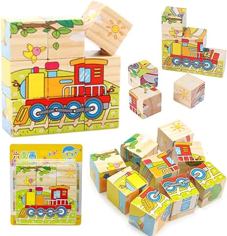 Picture Cubo de Madera,3D Cubo Rompecabezas de Madera para los Niños,Rompecabezas 6 en 1 Motivos de Coches，Juguetes de los Niños,2 3 4 Años de Edad,Juguetes de Aprendizaje Montessori Regalo  