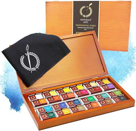 Pinturale Set Acuarelas Profesionales de Alta Pigmentación | Juego de Pinturas de Acuarela Profesional | Incluye 24 Colores Grandes, Caja de Madera y Paño | Acuarelas Calidad Artista  