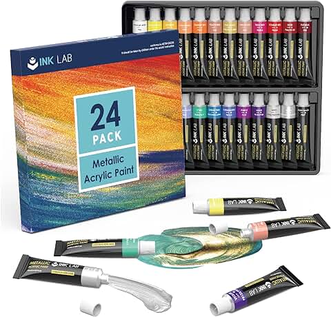 Pinturas Acrílicas Metalizadas 24 Tubos 12ml Set de Pinturas Acrílicas Metálicos No Tóxica Pigmentos Ricos para Lienzo Papel Madera Cerámica Manualidades Artistas Principiantes Niños  