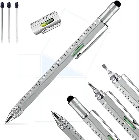 Pitagora Smart Pen-Bolígrafo Multifunción Profesional Innovador 9 en 1, Bolígrafo de bola con 3 Recambios,regla Destornillador,nivel y Lápiz Táctil,regalo Original y útil para Hombre y Papá(plateado)  