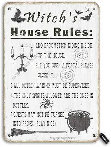 Placa Decorativa de Hierro con Diseño de Reglas de la Casa de la Bruja de Halloween de 20 x 30 cm, Estilo Retro, para el Hogar, la Cocina, la casa de Campo, el Jardín, la Yarda Divertida Decoración  