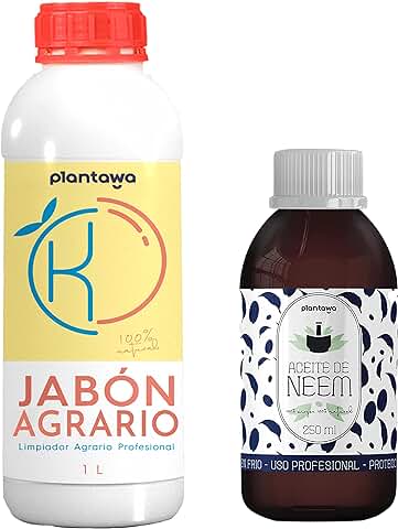 PLANTAWA Pack Ahorro Jabón Potásico 1L + Aceite de Neem 250ml, 100% Natural Protección Huerto, Sostenible, Alta Concentración, Mosca Blanca, Araña Roja, Pulgón, Cochinilla  