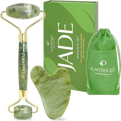 Plantifique – Gua Sha y Rodillo Facial de Jade 100% Auténtico – Masajeador Facial Antiarrugas Para Tonificar y Reafirmar la PIel – Rodillo Masaje – Masajeadores Faciales – Masajeador de Ojos  