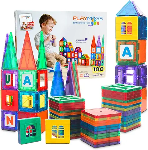 Playmags 100 Piezas de Bloques de Construcción Magnéticos: con los Imanes más Fuertes Garantizados, Resistentes y Súper Duraderos con Colores Vivos y Claros. Accesorios de 18 Piezas  