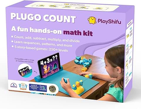 Plugo Count by PlayShifu - Juegos de Matemáticas con Historias Durante 4-10 Años - Juguetes Stem con Secuencias, Comparación, Suma y Resta (Funciona con IPads, IPhones, Pestañas Samsung, Kindle Fire)  