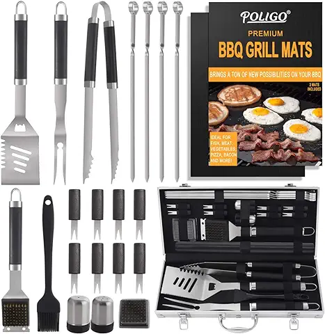 POLIGO 21PCS Set Barbacoa Utensilios Parrilla Barbacoa Acero Inoxidable con Estera Barbacoa - Completo Regalos Kit Barbacoa Accesorios Barbacoa Herramienta Barbacoa Regalos para Hombres  