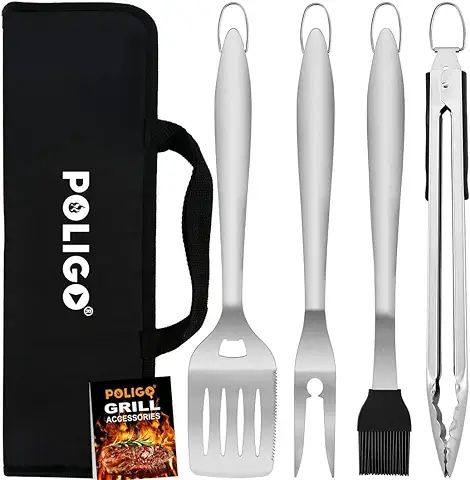 POLIGO 5PCS Set Barbacoa Utensilios Parrilla Barbacoa con Estuche para Acampar - Extra Grueso Acero Inoxidable Set Barbacoa Accesorios Cumpleaños Papá Hombres  