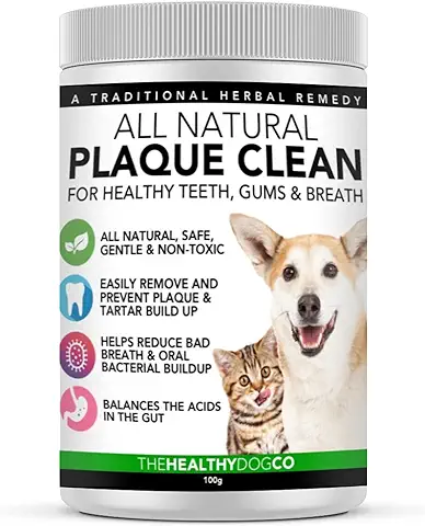 Polvo Para Eliminación de Sarro y Placa Para Perros, Cachorros y Gatos | 100% Natural para Animales | Plaque Clean | 100g | Limpia y Cuida Dientes Blancos y Encías | Ayuda Contra el Mal Aliento  