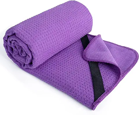 Polyte - Toalla Yoga Antideslizante, Toalla de Microfibra para Hot Yoga con Agarre de Silicona y Bandas Elásticas para un Ajuste Seguro, 61 x 183 cm (Púrpura)  