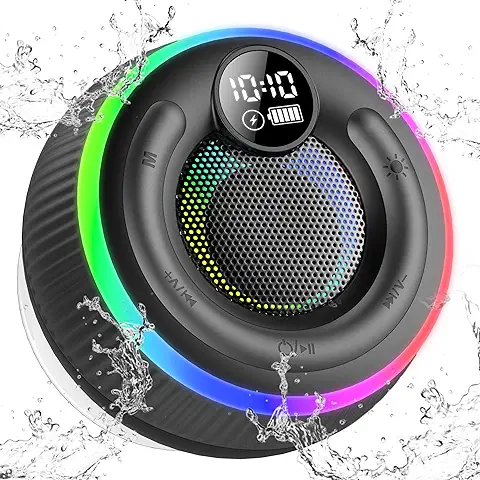 POMUIC Altavoz Bluetooth Potente, Altavoz Ducha Bluetooth Impermeable IPX7, Altavoz Portatil Bluetooth De Baño con Ventosa, Parlante Bluetooth con Radio, con Luz, Pantalla LED, Llamadas Manos Libres  