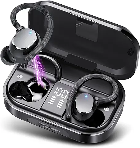 POMUIC Auriculares Inalámbricos Deportivos, 2023 Auriculares Bluetooth 5.3, 120H de Reproducción con Cancelacion Ruido ENC, Auriculares Inalambricos IPX7 Impermeable, Carga Rápida USB-C Pantalla LED  