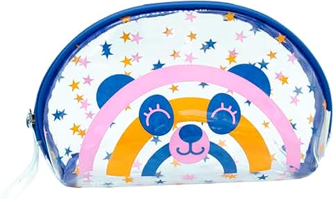 PONETTE - Neceser Niña Juvenil de Plástico Transparente con Dibujo de Oso Panda, Arcoíris, Estrellas en Azul, Naranja y Rosa, Divertido, Estuche, Chica, Bolsa de Aseo, Neceser de Viaje, Marca Española  