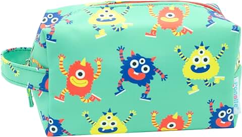 PONETTE - Neceser Infantil de Tejido Verde con Divertido Estampado Multicolor de Monstruos Graciosos Tipo Monstruitos, Niño, Niña, Viaje, Estuche, Bolsa, Colegio, Marca Española  