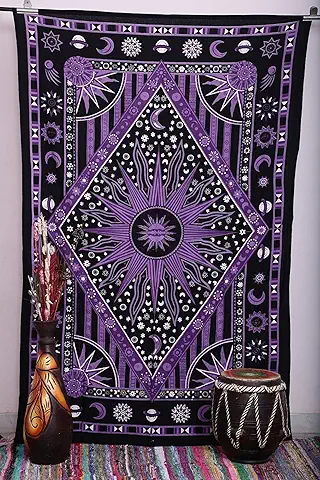 Popular Handicrafts - Tapiz con Imagen de sol Ardiente, Estrellas y Luna; Tapiz Hippy de Estilo Psicodélico, Bohemio para Colgar en la Pared o Llevar a la Playa  