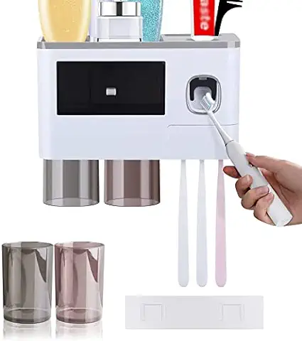 Porta Cepillos Dientes Pared, Dispensador Pasta Dientes Automático, Organizador de Cepillo de Dientes, Soporte Cepillo de Dientes, con 6 Ranuras, 2 Tazas y Cajón Organizador de Vosméticos  