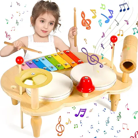 POWZOO Tambor Juguetes Musicales,10 IN 1 Juguetes Instrumentos Musicales Madera,Juguetes Montessori,Bateria Regalo Niño 3 4 5 6 Año,Regalos para Niños de Navidad y Cumpleaños.  