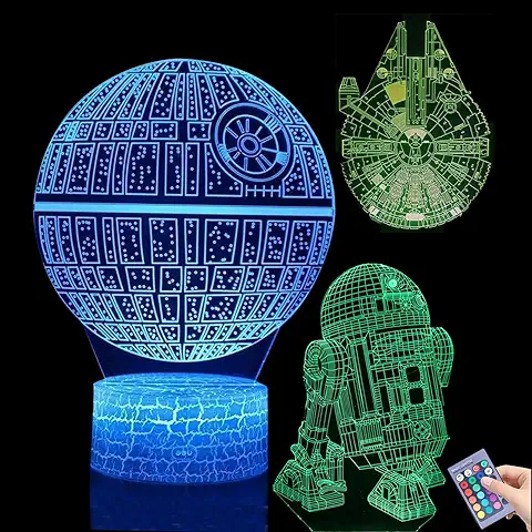 Probuk 3 Piezas Luz de Noche 3D Star Wars Lampara, 3D Luz Nocturna Infantil con 7 Colores Toque Inteligente & 16 Colores Control Remoto, Lámpara de Decoración, Regalo de Star Wars para Niños Niñas  