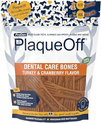 ProDen PlaqueOff Dental Bones Turkey and Pumpkin - Huesos Dentales de pavo y Arándano Rojo, 13 Unidades, 485 g, para Perros, mal Aliento, Placa Bacteriana, Sarro  