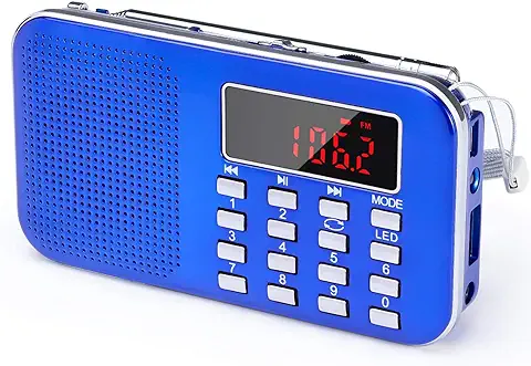 PRUNUS J-908 Am/FM Radio Portatil Pequeña Recargable, Radio Pequeña Digital con Linterna LED, Reproductor de TF/USB/AUX /MP3, Radio Bateria Recargable de 1200 mAh (Azul)  