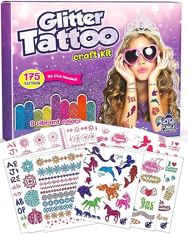 Purple Ladybug Kit de 175 Tatuajes Temporales Niñas con Purpurinas de 9 Colores – Diseños de Tatuajes Temporales Incluyen Sirena, Unicornios y Más – Kit Tatuaje Completo sin Pegamento ni Plantillas  