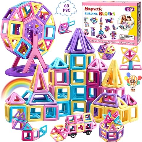 Purpledi 60 Piezas Bloques de Construcción Magnéticos, Juguetes Niños de 3 4 5 6 7 8 Años Juegos Educativos Juego de Imanes Magneticas para Niños Niñas Montessori Regalos, Cumpleaños Navidad Regalo  