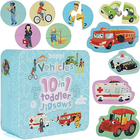 Puzles Progresivos 10 en 1 para Niños de 18 Meses en Adelante - Puzles de Vehículos para Niños/Juguetes de Desarrollo Infantil - Puzles de Coches de Boppi Hecho con Cartón 100% Reciclado.  