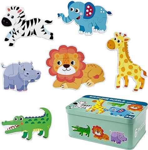 Puzzle, Comius Sharp 6 Pack Rompecabezas Puzzle Juguetes Bebes para Niños de 1 2 3 4 5 Años Montessori Educativos Regalos 3D Patrón Puzles con Caja de Rompecabezas de Metal (Animal)  