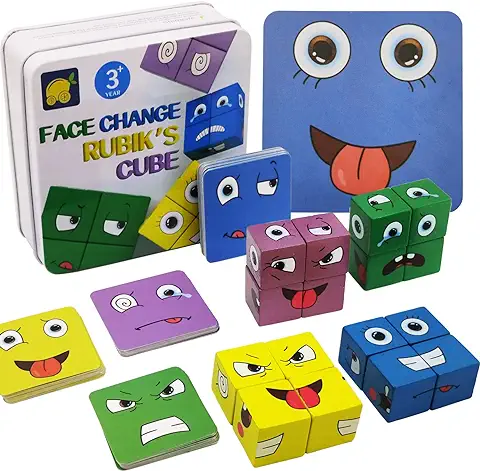 Puzzle Expresiones de Madera, Montessori Interactivo Juguete Rompecabezas Cubos Mágicos Emoji, Bloques Construcción de Madera Juegos Creativos Diseños IQ Cube para Niños 3+ Años  