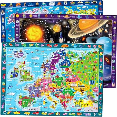 Puzzle Infantiles 3 4 5 Años – 3 Rompecabezas Grandes de 100 Piezas de Quokka – Espacial Mapas del Mundo y Europa – Juguetes de Regalo para Niños y Niñas de 6 8 10 Años  