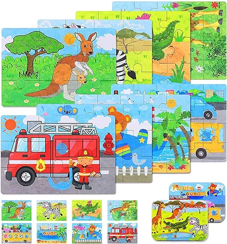 Puzzles Infantil de Madera 8 en 1, MOOKLIN ROAM Juguete de Educativos Rompecabezas, Juego Montessori de Desarrollo Cognitivo con 2 Tema 8 Coloridos Diseños en Caja de Regalo para Niños 3+ Años  