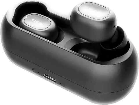 QCY-T1 TWS - Auriculares Deportivos con Bluetooth 5.0, Inalámbricos, más de 20 Horas de Duración de la Batería con Cargador, IPX4 Resistente al Agua y Micrófono Dual HD Integrado (Negro), 1  