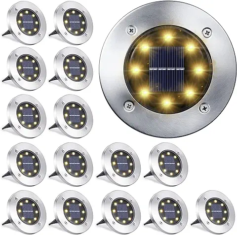 Qedertek Luz Solar Exterior Jardin 8 LED 16 Pack Luces Solares de Tierra, Lampara Solare Exterior IP65 Impermeable Blanco Cálido Luces Solares para Césped, Patio, Camino, Escalón, Entrada de Garaje  