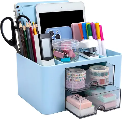 QH-Shop Organizador de Escritorio con Cajón y 5 Compartimentos, Multifuncional Organizador de Oficina Portalapices Escritorio para Hogar, Escuela, Aula (Azul  