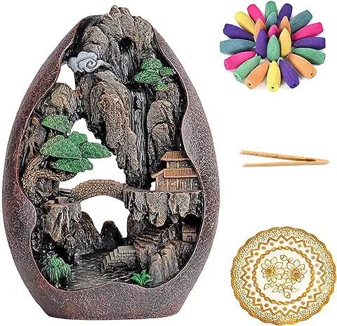 Quemador de Incienso en Cascada de Resina Grande, Porta Incienso Fuente, Porta Incienso Cascada para Jardines Zen Yoga y Decoración de Espacios + 100 Conos de Incienso, 1 Pinza para Incienso, 1 Base  