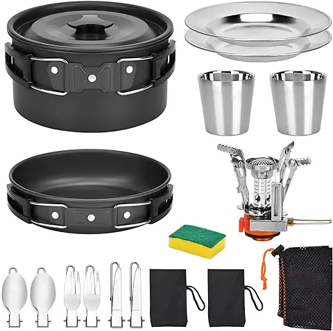 Queta Juego de Utensilios de Cocina para Camping, 17 Piezas, kit de Cookware, Ollas de Picnic para 2-3 Personas, para Camping, Exteriores, Senderismo, Picnic, Barbacoas, Certificado Fda  