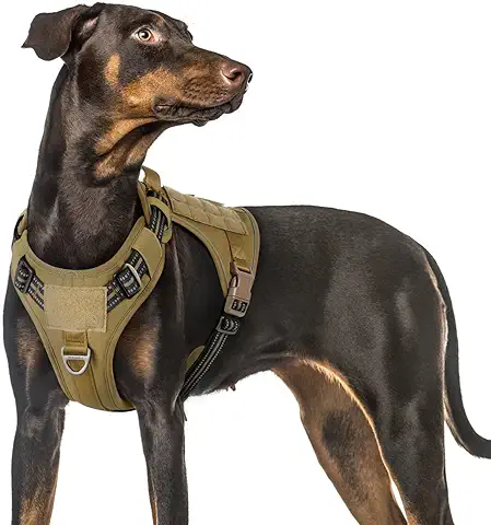 Rabbitgoo Arnes Perro Antitirones, Arnes Perro Grande Mediano Transpirable, Arnes Táctico Perro Ajustable con Asa Anillos y Molle, Chaleco Durable Reflectante para Adiestrar, Caminar, Cazar, Marrón, L  