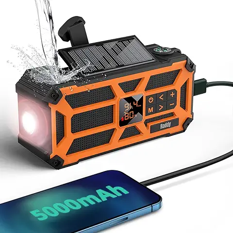 Raddy SW5 Radio Solar de Emergencia Am/FM Radio IPX5 Impermeable Dinamo de Carga Manual con Batería de 5000mAh y Carga Solar con Linterna SOS y Banda de Transporte para Camping … (Orange)  