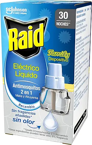 Raid Recambio Eléctrico Líquido Family 30 Noches - Cargador para Aparato Enchufe anti Mosquitos Comunes y Tigre 2 en 1, mata y Ahuyenta, Multicolor  