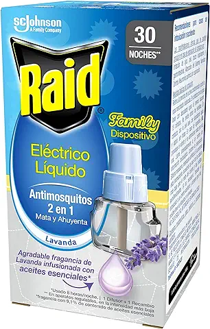 Raid Recambio Eléctrico Líquido Family Lavanda 30 Noches - Cargador para Aparato Enchufe anti Mosquitos Comunes y Tigre 2 en 1, mata y Ahuyenta, Fragancia Lavanda  