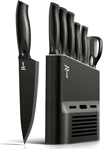 Randalfy 6 Piezas Juego de Bloques Cuchillos de Cocina con Mango Ergonómico y Acero Inoxidable con Alto de Carbono, Incluye pan, Chef, Cuchillos para Frutas y Tijeras de Cocina, Negro  