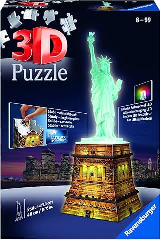 Ravensburger - 3D Puzzle Estadua de la Liberdad Night Edition con Luces, 108 Piezas, 8+ Años  